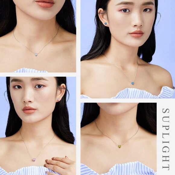 Suplight Dainty 925 Sterling Silver Birthstone Heart Crystal Necklace/Stud Earri - Picture 2 of 7